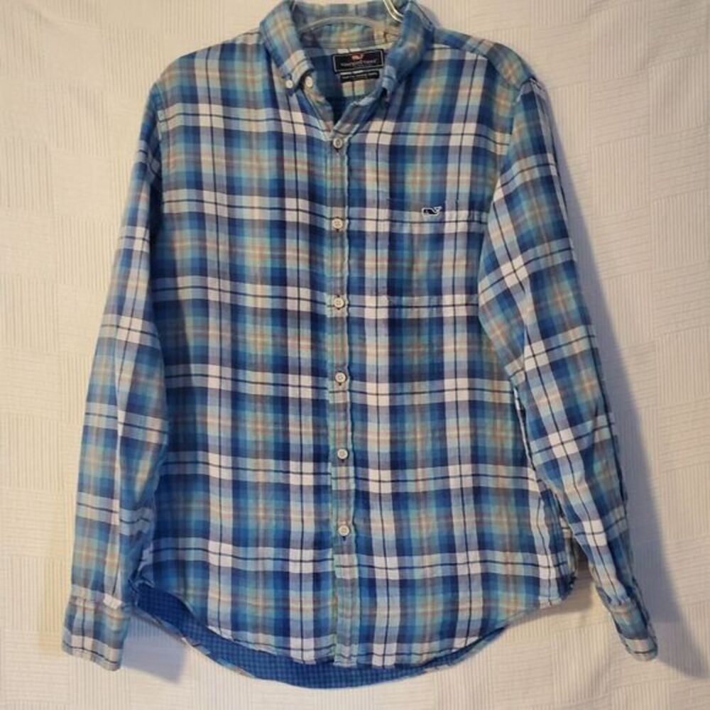 Vineyard Vines Shirt Mens Medium Plaid Slim Fit Tucker Shirt Flannel Whale Logo‎